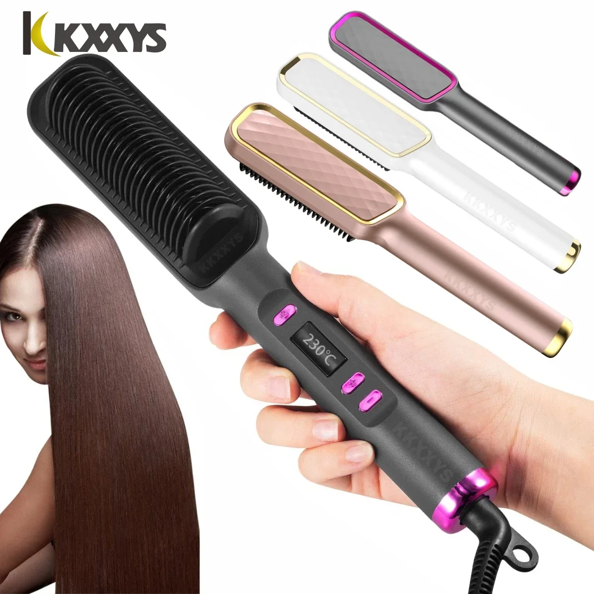 

2-in-1 Smart Hair Straightener Brush with LCD Display - Fast Heating & Anti-Scald Design for Smooth & Curly Styles