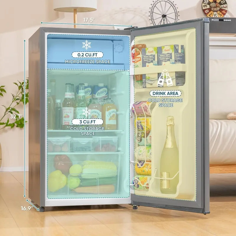 3.2 Cu.Ft Mini Fridge with Freezer, Single Door Mini Fridge, Adjustable Thermostat, Energy Saving Mini Refrigerator, Silver