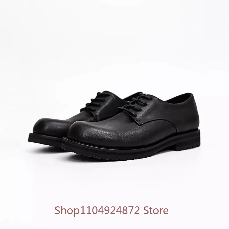 

Vintage Vegetable-Tanned Men's Derby Shoes Black Round Toe Office Thick Soles Dress Casual Leather Shoes Male Designer