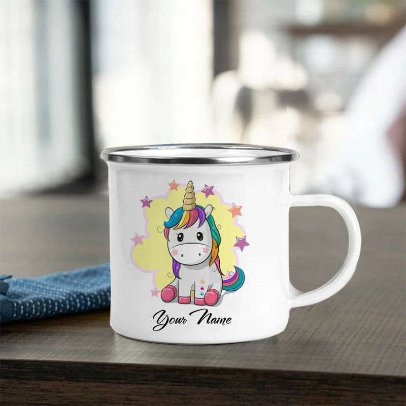 Personalized Name Enamel Mug, Unicorn Coffee Mugs, DIY Creative Travel Mug, Tea Milk Cup, Kids Theme Party, Juice Gift for Child