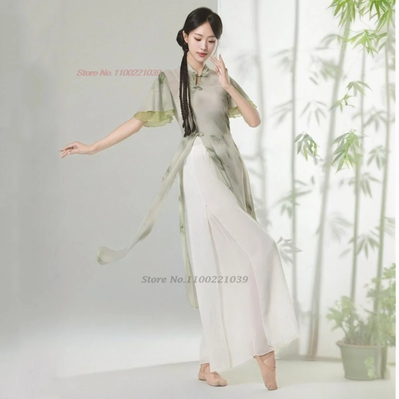 2025 chinese folk dance dress flower print chiffon qipao tops+pants set traditional dancer training exercise stage performance