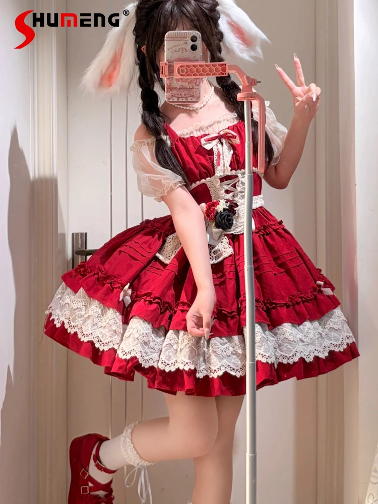 

Original CLA Red Lolita Dresses JSK Japanese Cute Girls Women Sweet Bow Lace Sleeveless Mini Dress Birthday Party Princess Dress