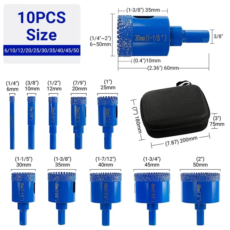 10pcs Diamond Hole Saw Kit - Vacuum Brazed for Tile/Ceramic/Marble - Triangle Shank Core Drill Bit Set