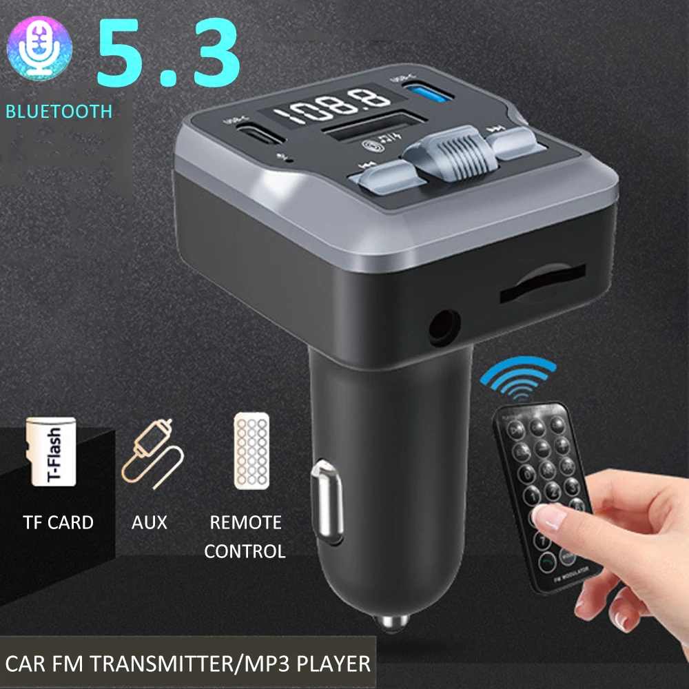 Car Bluetooth 5.3 FM Transmitter Wireless Bluetooth Car Adapter MP3 Player Handsfree Call Dual USB PD Fast Charger Roller Wheel