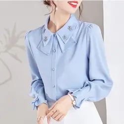 Mulheres manga comprida plissada blusa de escritório, gola polo, monocromática, patchwork, camisa solta, tops elegantes, roupas da moda, novo, primavera, outono