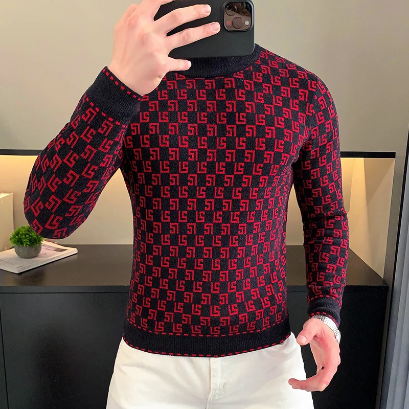 Brand Autumn Velvet Knitted Sweater Men Slim Fit Long Sleeve Pullovers Round Necked Warm Casual Business Knitwear Tops