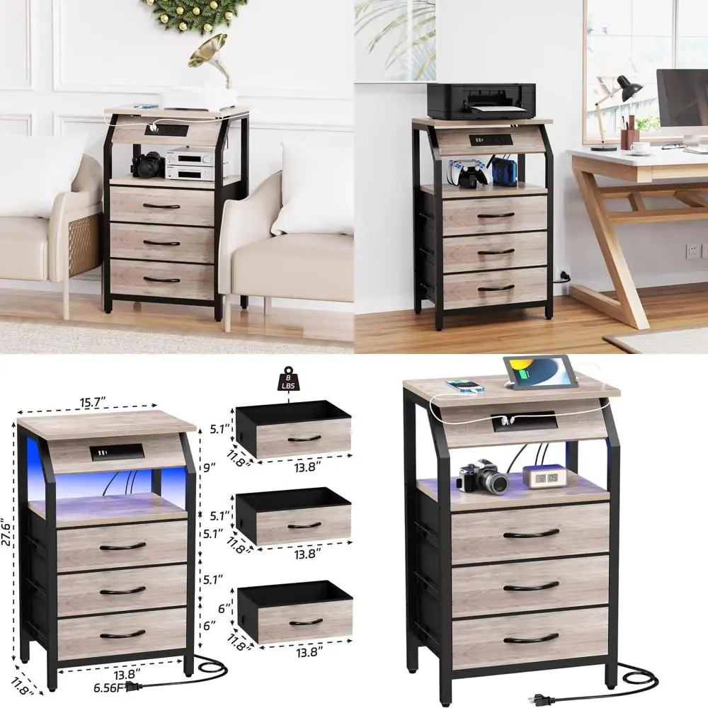 

Прикроватная тумбочка с 3 ящиками, USB-зарядкой и LED-подсветкой, тканевая тумбочка для хранения, прикроватный столик в стиле фермерского дома для гостиной