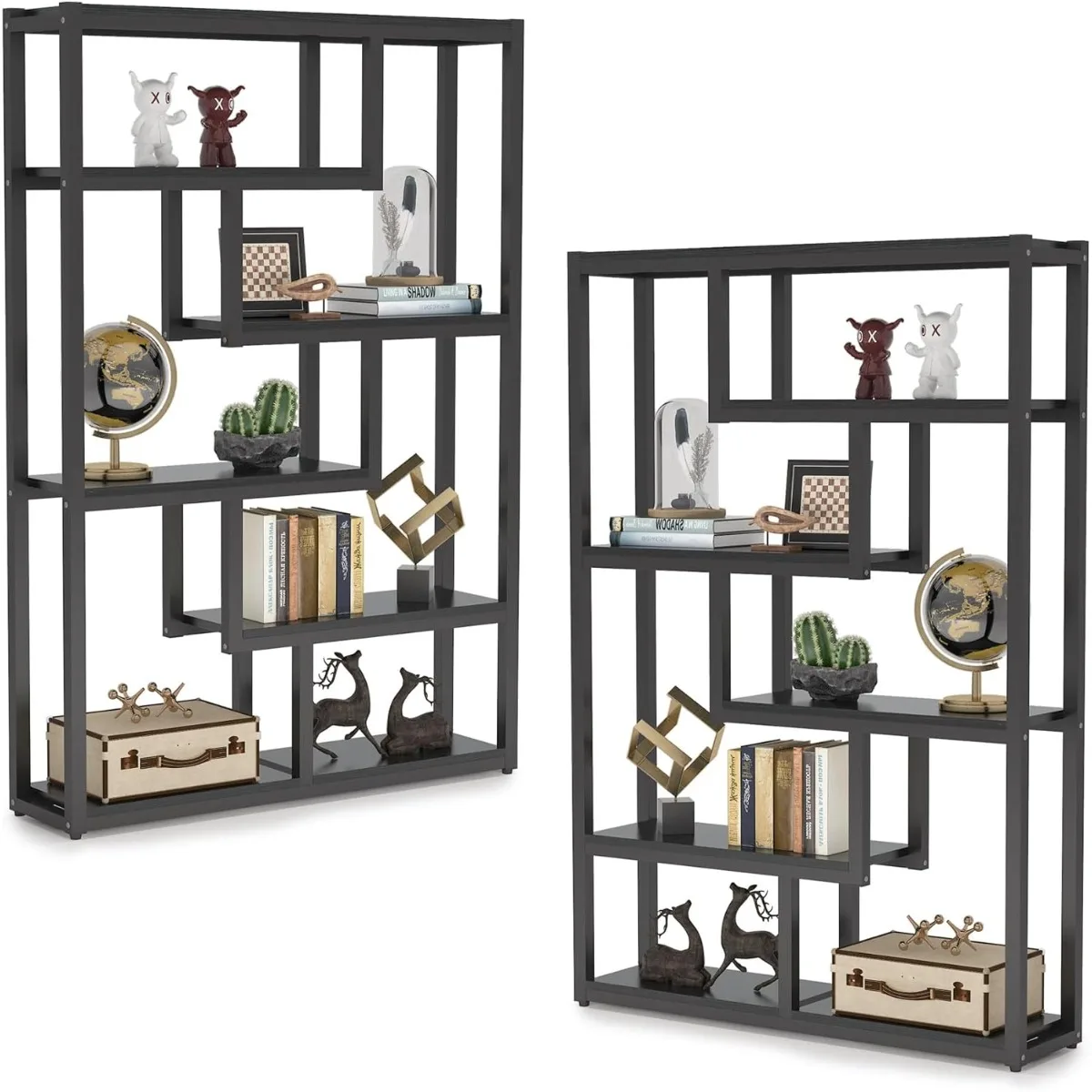 6-Shelf Modern Bookshelf Set of 2, Industrial Etagere Bookcase, 69-Inch Tall Storage Display Staggered Shelves with Sturdy Metal