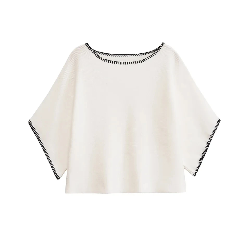 

2025 New White Loose Contrast Collar Cuff Embroidery Decoration Short Sleeve Top Women Casual Versatile Fashion Style