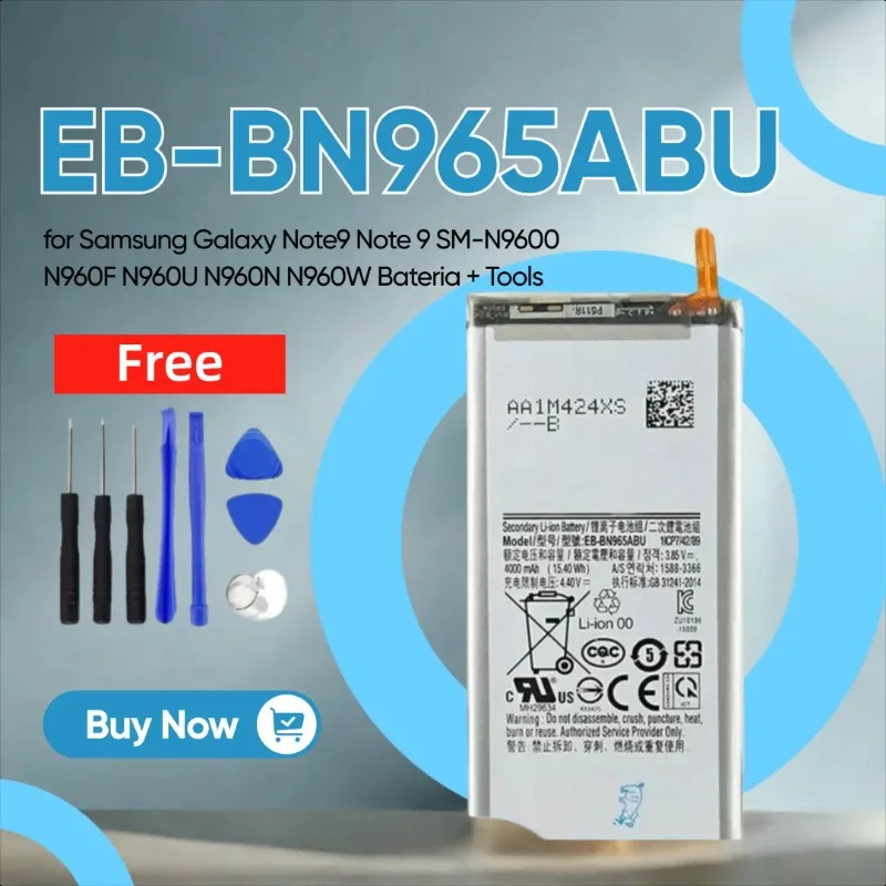 

New Replacement Battery 4000mAh EB-BN965ABU for Samsung Galaxy Note9 Note 9 SM-N9600 N960F N960U N960N N960W Bateria + Tools