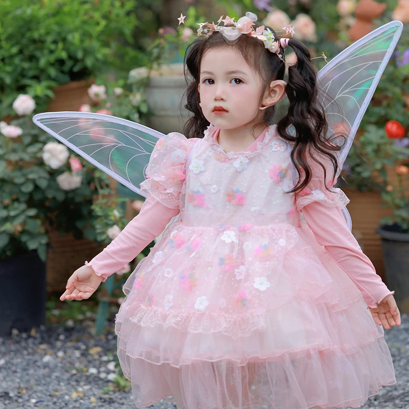 2023 Summer Baby Girls Fairy Angel Wings Dress for Children Lush Dress with Wings Butterfly Elegant Knee Clothes for 2-10 Years