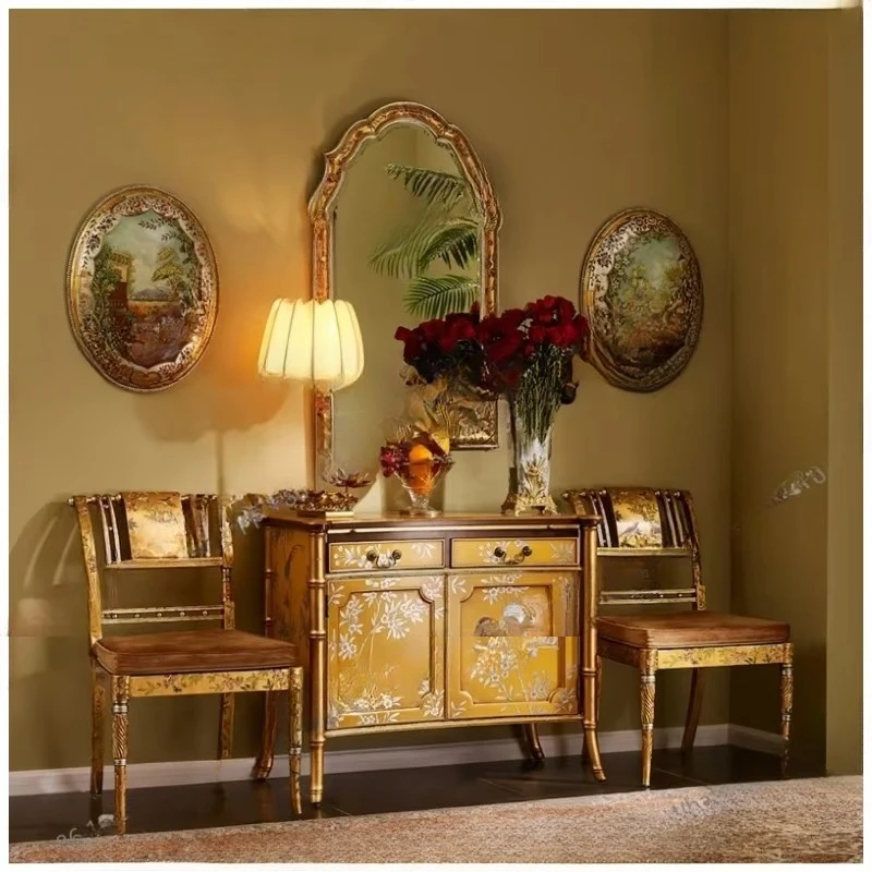 Entrance cabinet yellow art hand-painted retro single bamboo flower and bird entrance platform