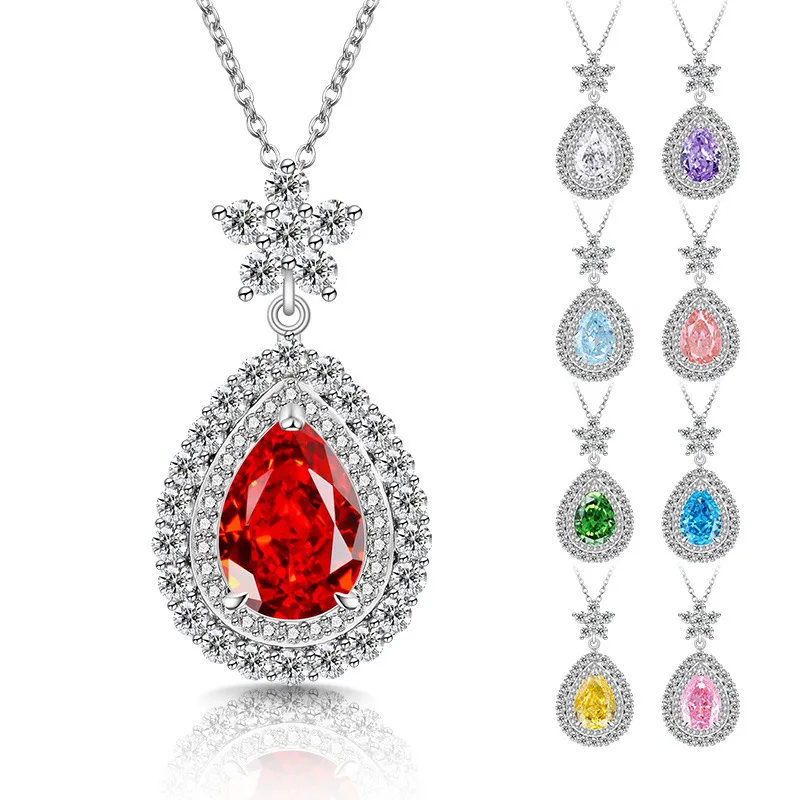 

Stylish Luxury 925 Sterling Silver Ladies Pendant Necklace Ice Flower Cut Water Drop Pear Flower Zircon Banquet Jewelry