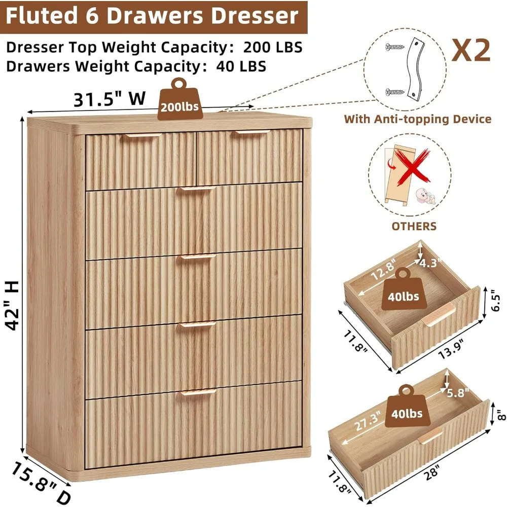 Commode cannelée moderne à 6 tiroirs pour chambre à coucher, coffre haut en bois naturel 42 avec poignées en métal et design à profil incurvé