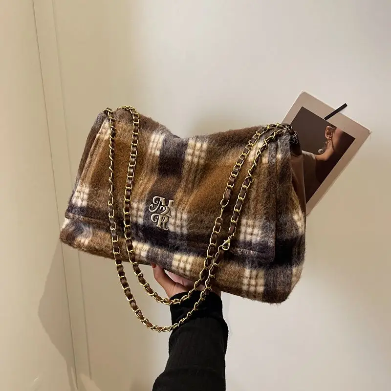 Fashion Woolen Plaid Large Capacity Chain Tote Bag Korean Vintage Y2k Trendy Women Shoulder Bag Designer Bag