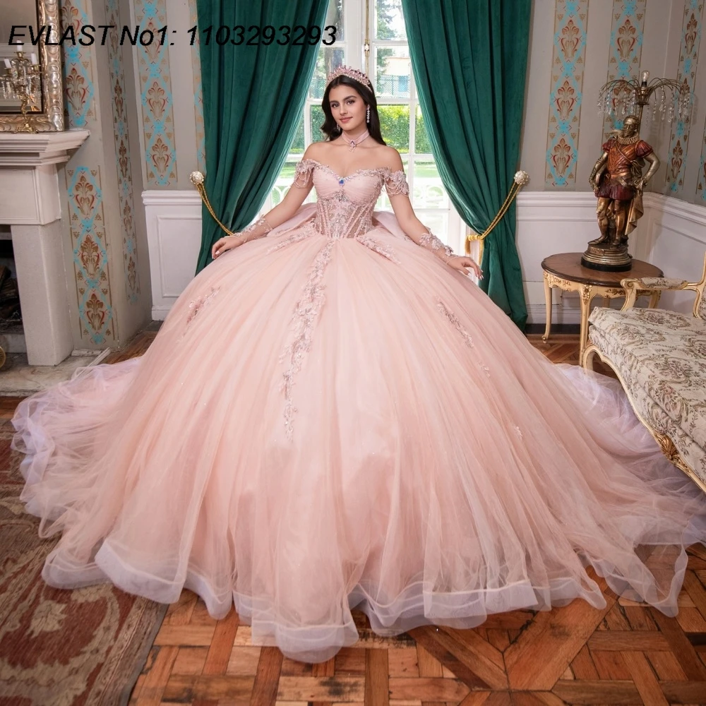 

EVLAST Элегантное розовое платье Quinceanera по индивидуальному заказу, бальное платье с блестящей кружевной аппликацией и бантом из бисера, Sweet 16, Vestidos De 15 Anos E1QN537