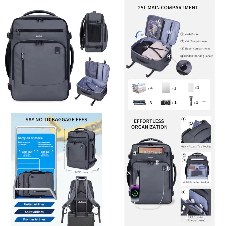 

17" Small Travel Backpack, United Airlines Personal Item Bag 17x10x9 with 16 Pockets, Water Resistant Rucksacks Fit 15.6" Lapto