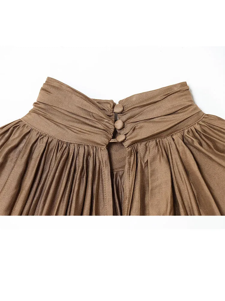 HH mujer moda de otoño Simple versátil cuello alto drapeado Top mujer calle temperamento linterna camisa de manga larga