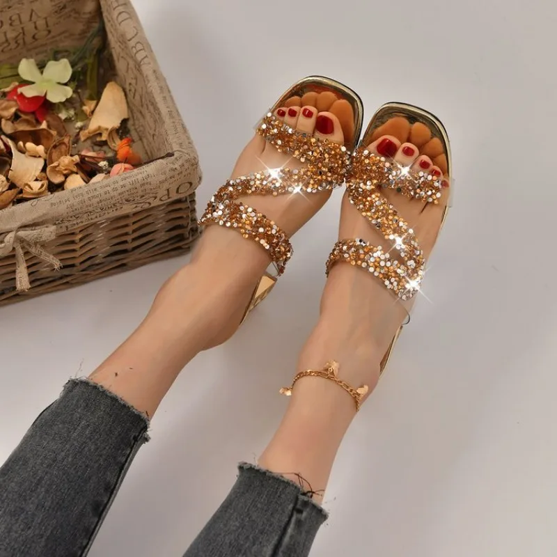 NIUFUNI Bling Pearl Sequins Rhinestone Women Slippers Crystal Metal Heel Slides 2024 Summer Hollow Open Toe Slippers Gold Silver