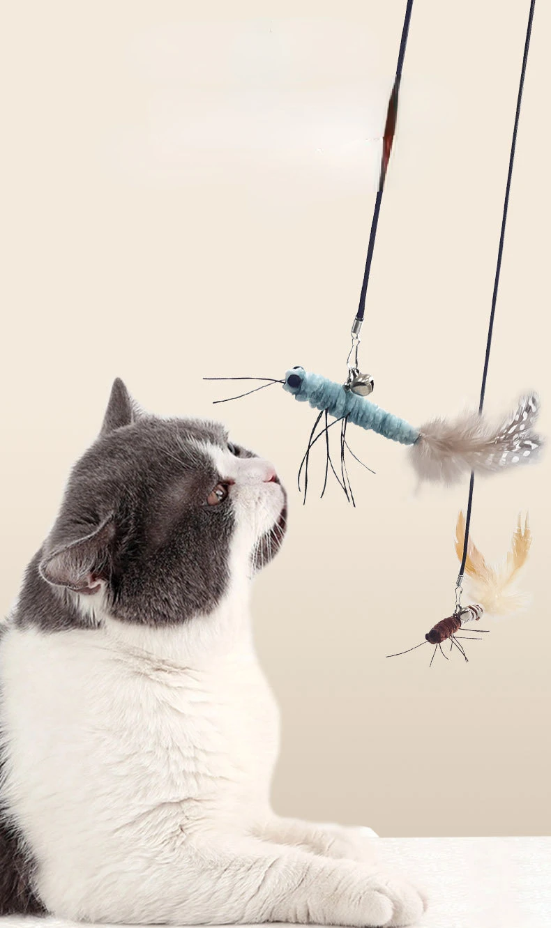 Luxuriöser Katzenstäbchen mit Libellen-Federkopf, handgefertigt, Ersatzspielzeug im Insektenstil, interaktives Spielen, Heimtierbedarf – Detail 3