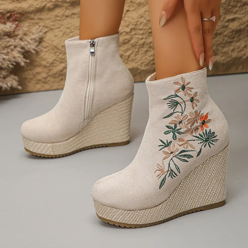 2026 Spring Autumn New Embroidery Design Women's High Heel Ankle Boots Fashionable Solid Zipper Wedge Casual Women Single Shoes