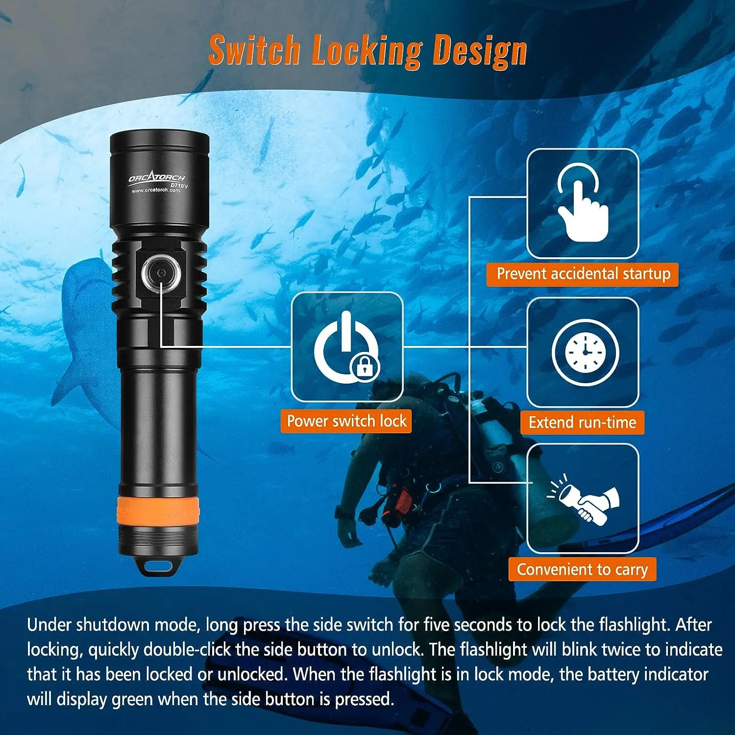 ORCATORCH D710V linterna de buceo de alta potencia, potente linterna Led recargable para buceo, linternas UV para buceo, linterna subacuática