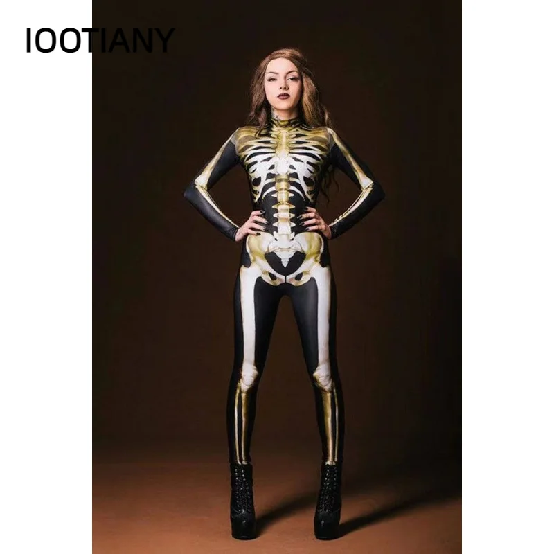 Iooitnany neues Skelett Schädel Digitaldruck Frauen engen Halloween Party Overall Cosplay Kostüm Zentai Bodysuit Outfit