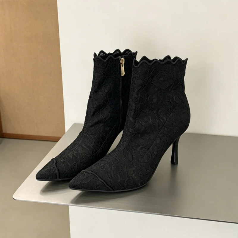 Lace Embroidery Ankle Boots for Women Pointed Toe Zip Details Winter Boot Comfy Tight-fitting with Dress Sexy Women Heels Boots