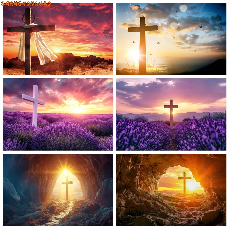 

Jesus Christ Cross Backdrops Lavender Sunset Mountain Scene Easter Crucifixion Nativity Holy Christmas Photography Background