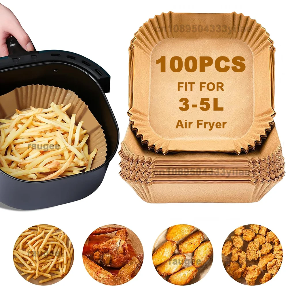 Doublures en papier pour friteuse  Air, 100 pices, papier parchemin antiadhsif jetable, impermable, rsistant  l'huile, doublures rondes carres pour la cuisson et le rtissage