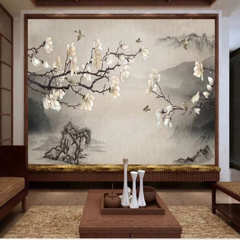 Traditional Chinese Ink-Wash Landscape Background Hand-Painted Flower And Bird Branches For TV Set Sofa Wall Decoration Pictures
