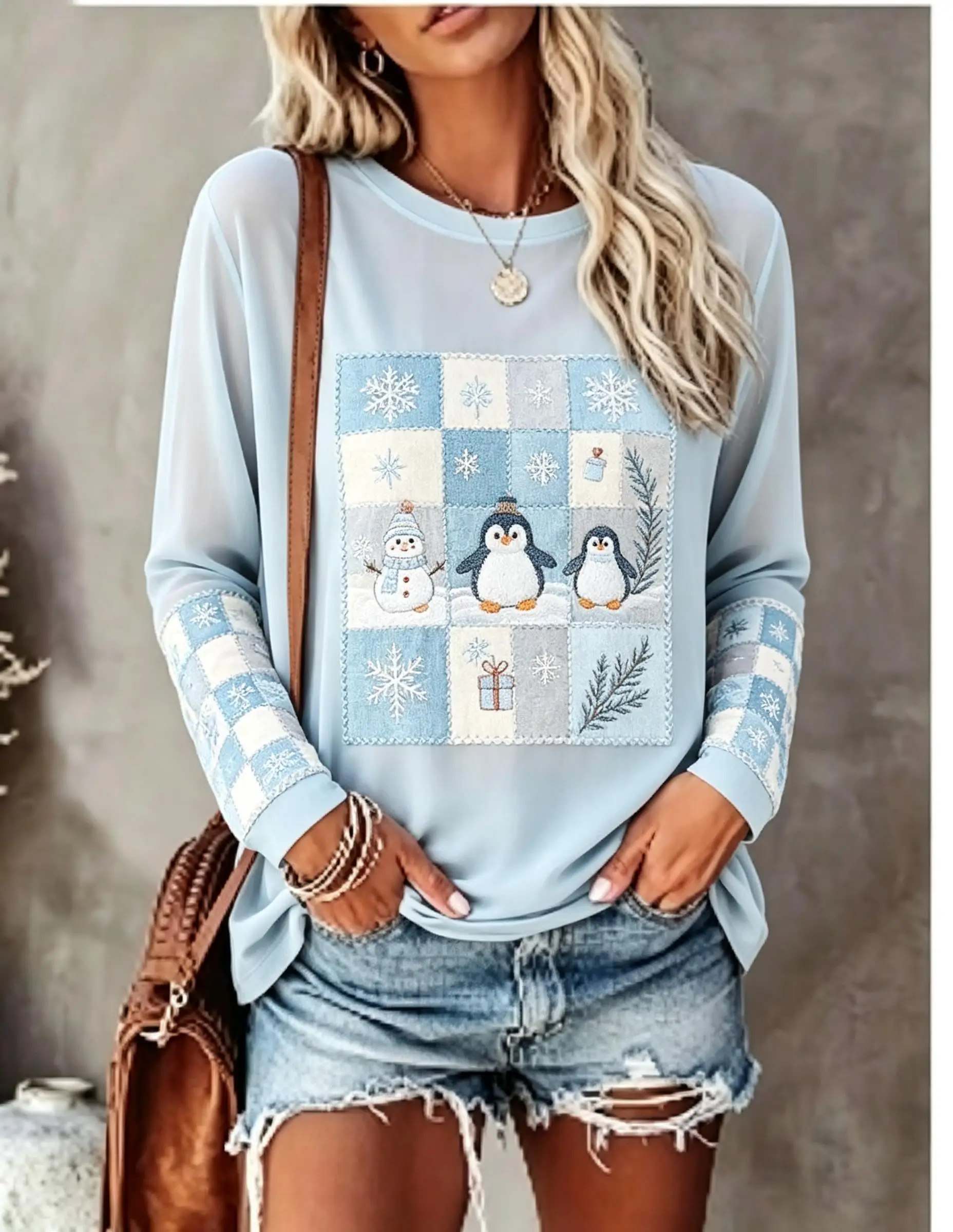 T-shirt à manches longues pour femmes, motif patchwork renard et lapin, imprimé à carreaux, pomme de pin, baies et flocon de neige, col rond, haut décontracté d'automne