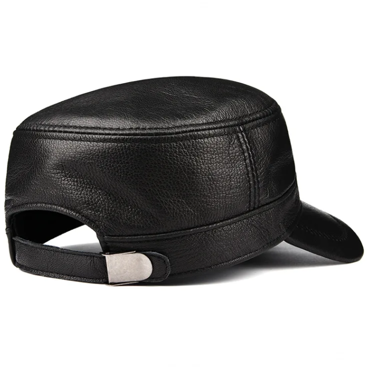 Men Goatskin Leather Flat Top Hat Retro Military Design Black Short Visor Adjustable Back Buckle Outdoor Headwear