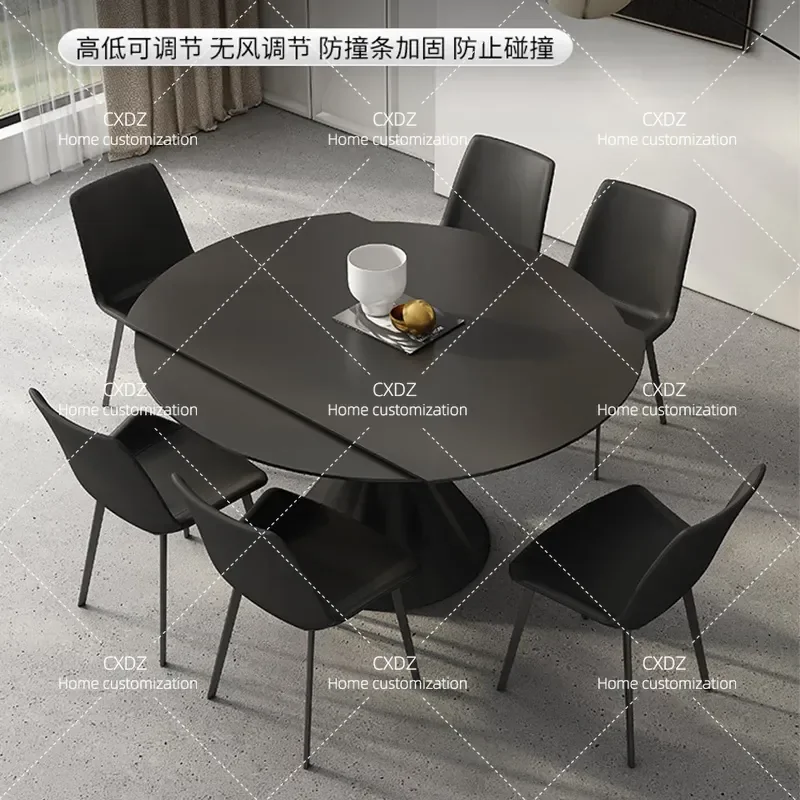 Black Telescopic Rock Slab Dining Table Rotating Extendable Round to Square Modern Simple Household Small Apartment Furniture