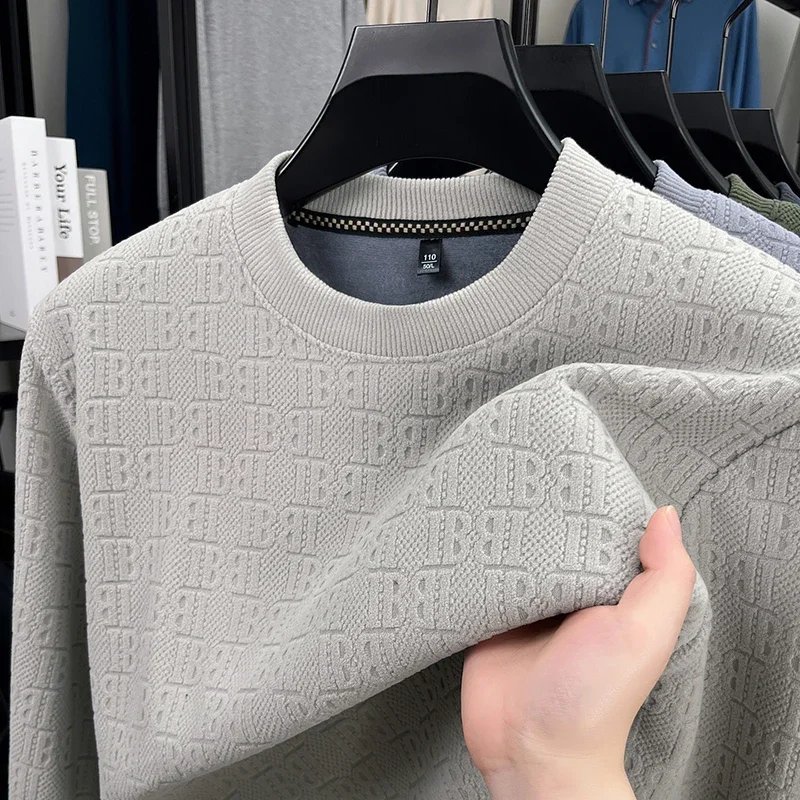 Winter Men Casual Knit Sweater Long Sleeve All Over Embossed Pattern Fleece Inner Round Neck Office Wear Apparel