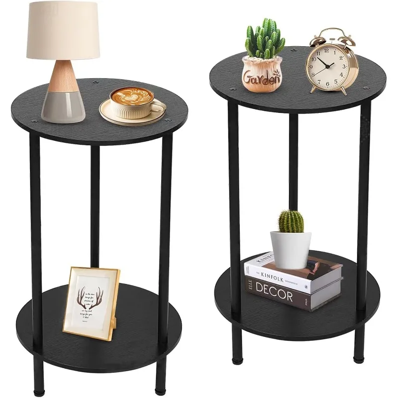 Small Round Side Table, End Tables Living Room Set of 2, Black Night Stands for Bedrooms, Small Side Table for Small Spaces，