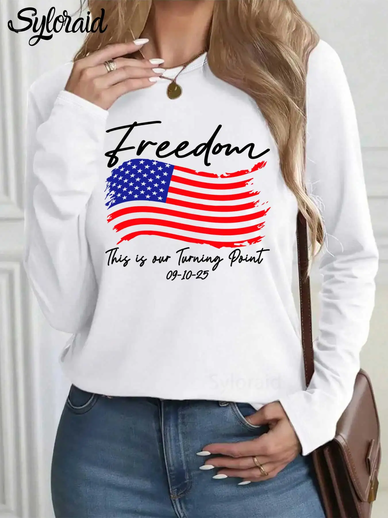 المرأة طويلة الأكمام تي شيرت تحول نقطة طباعة تي شيرت الحرية الوطنية قميص الموضة جولة الرقبة عارضة أعلى #1