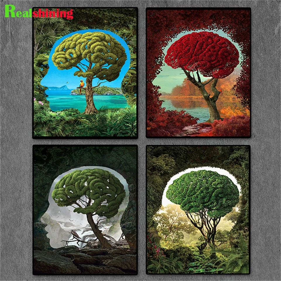 Surrealism Art Optical Illusion Abstract Tree Landscape Full Square/round diamond painting Cross Stitch Mosaic Rhinestone F51