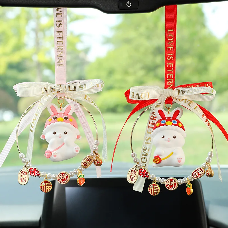 Cute Lucky Rabbit Car Pendant Amulet Blessing Rearview Mirror Hanging Alloy Key Bag Car Ornament Decor Couple Gift Xmas New Year