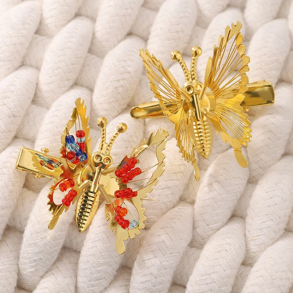 2/8Pcs Metal Butterfly Hair Clips Alloy Beaded Wings Women Girls Headwear Alloy Gold Duckbill Clip Holder Hair Accessories Gift