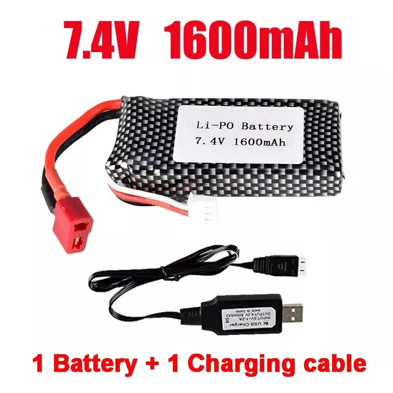 7.4V 1600mAh 25C T Connector Plug Li-Po Battery & Charger for 9125 1/10 Scale 48KMH 4X4 Off-Road RC Truck Cars 25-DJ02 S920 S921