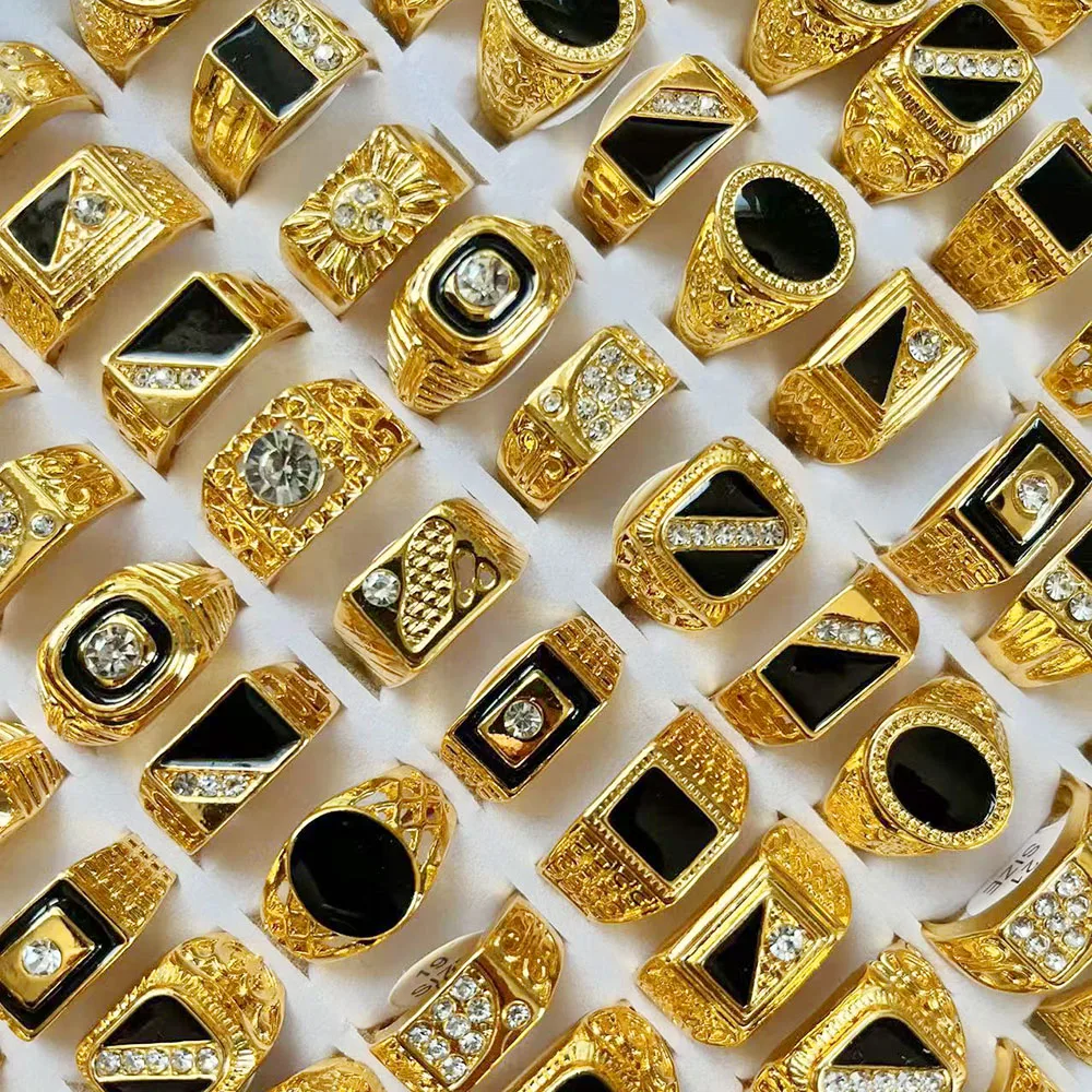 5Pcs Fashion Jewelry Men\'s Gold Color Enamel Rhinestone Rings Hot Wholesale Mixed Lots Party Drop Ship Free LR4047