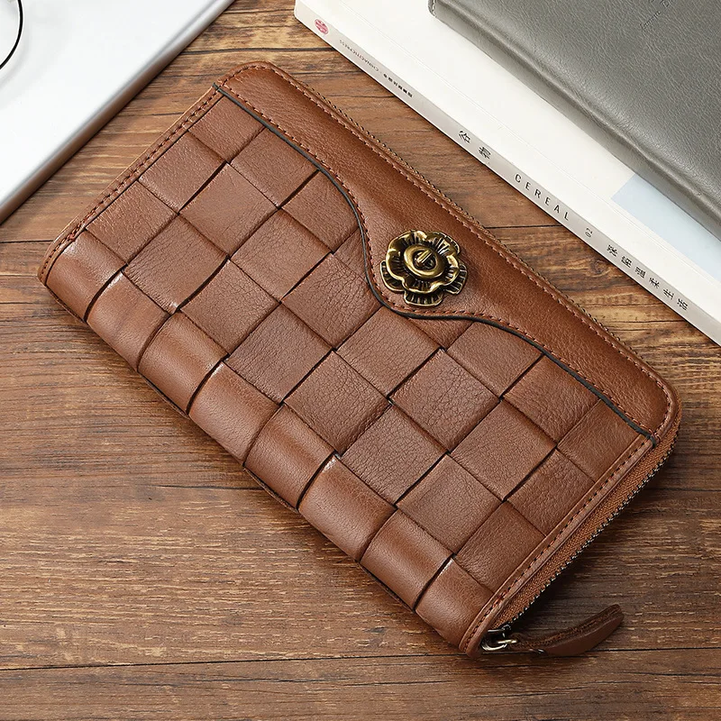 2023 New Fashion Business Men's Woven Wallets Cow Genuine Leather Long Organizer Wallet Weave Boy Brand Luxury Card Holder Purse