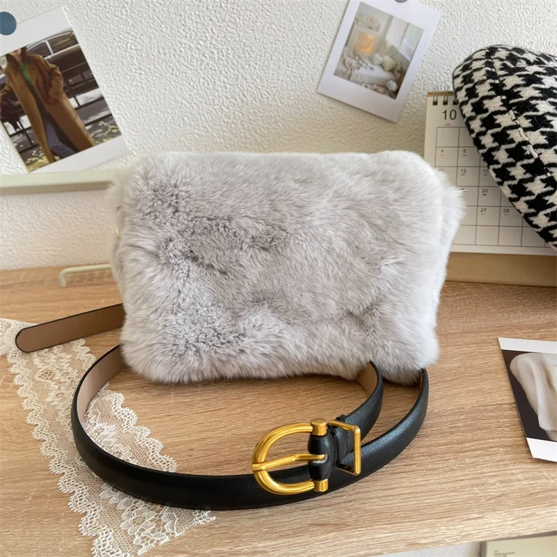 Soft Fluffy Fur Crossbody Bag Rex Rabbit Leather Waist Pack For Women With Adjustable Belt Embellished Leather Waist Pack