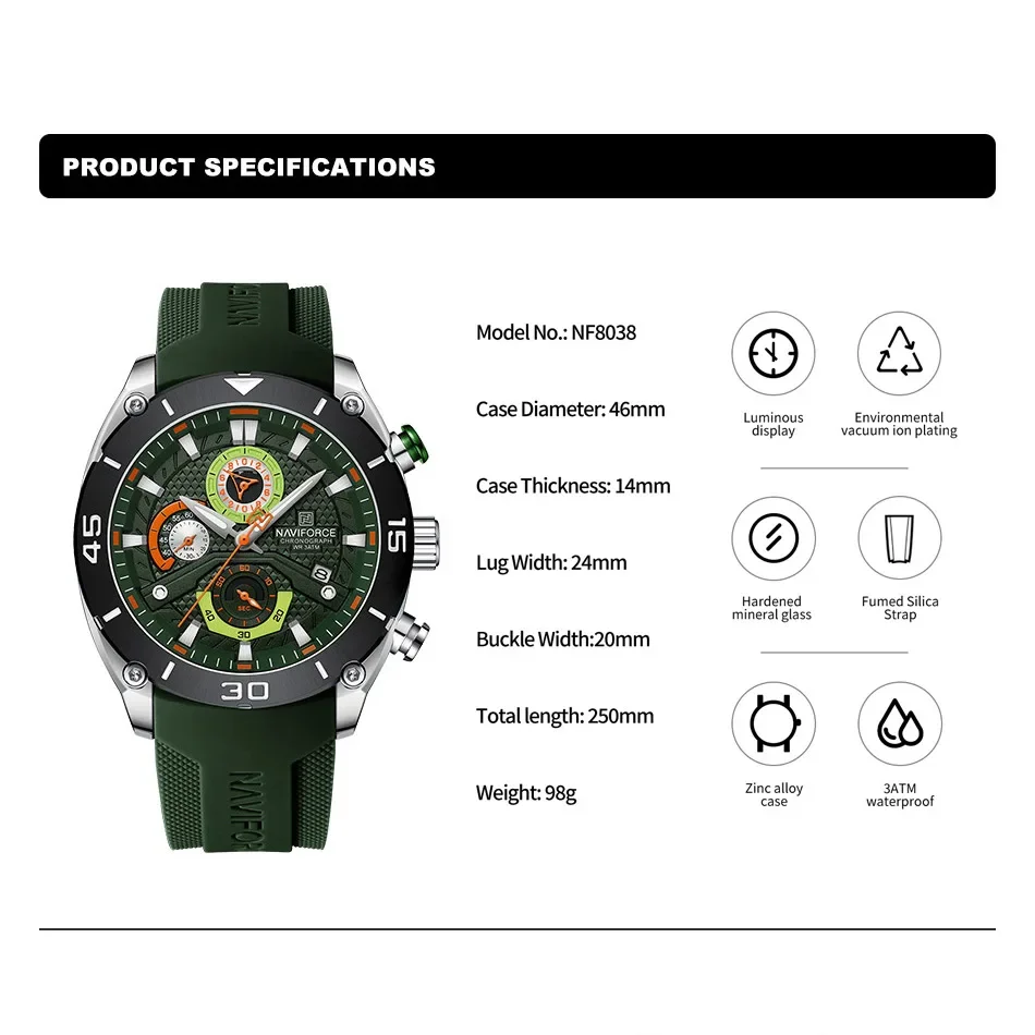 NAVIFORCE NF8038 Watch for Men Sport Waterproof Quartz Chronograph Military Clock With Luminous Wristwatch