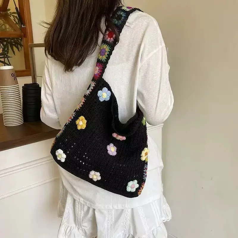 Boho Crochet Tote Bag for Women Retro Hollow Messenger Bag with 3D Flowers Colorful Granny Square Strap Hippie Open-Top Knit