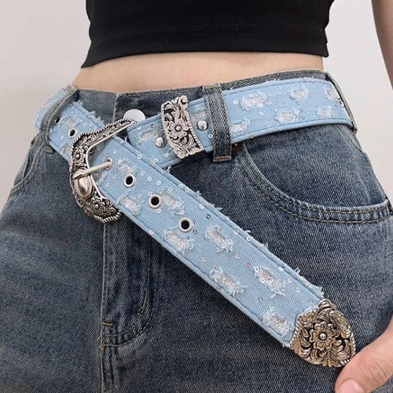 Sabuk Lebar Vintage Y2K untuk Wanita, Sabuk Kulit Denim Berongga Retro Punk untuk Gaun Rok, Aksesoris Fashion