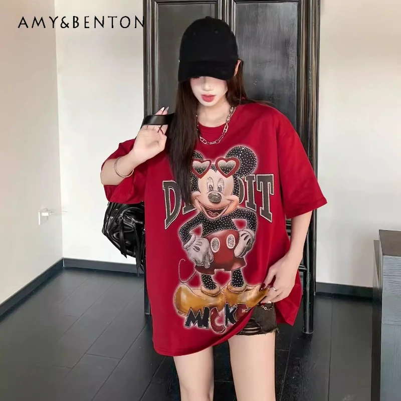 

Летние новинки: модные свободные футболки с коротким рукавом для женщин, украшенные стразами и мультяшными бантиками, в стиле Heavy Industry.