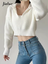 Jielur French Loose Solid Color Women Pullovers V-Neck Knitted Sexy Pullovers Woman White Black Grey Khaki Korean Sweater Female