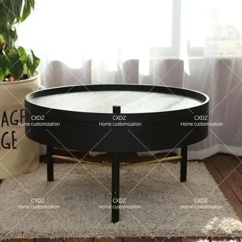 Nordic Light Luxury Desktop Small Apartment Tea Table Multi Functional Combination Rotating Storage Solid Wood Small Round